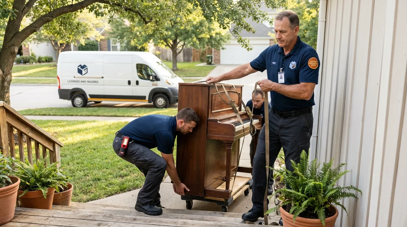 Licensed piano movers securing grand piano in Carrboro, NC
