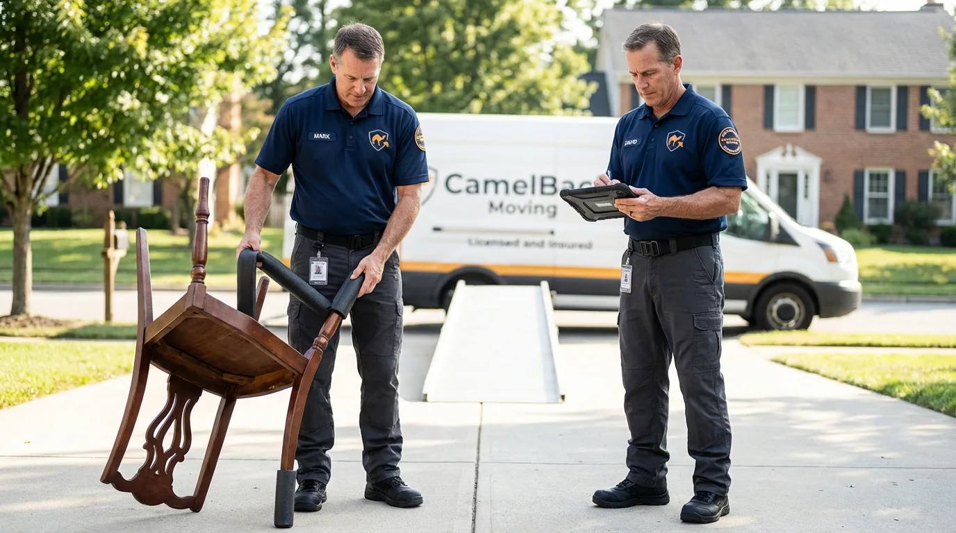 Movers inspecting furniture for damage prevention before loading in Carrboro, NC